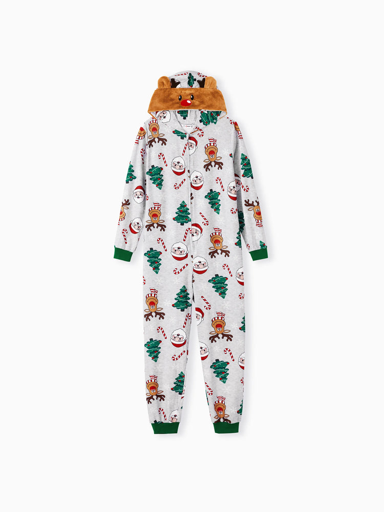 Grey Christmas Pajamas 3D Reindeer Pattern Zipper Onesies Matching Family Outfits Light Grey