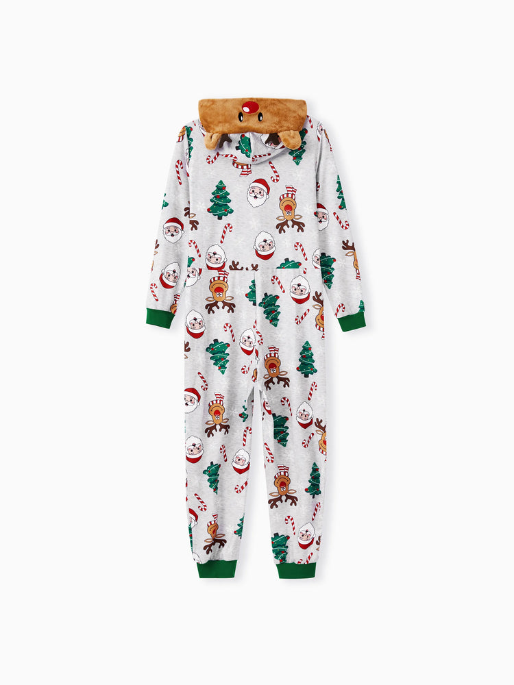 Grey Christmas Pajamas 3D Reindeer Pattern Zipper Onesies Matching Family Outfits Light Grey