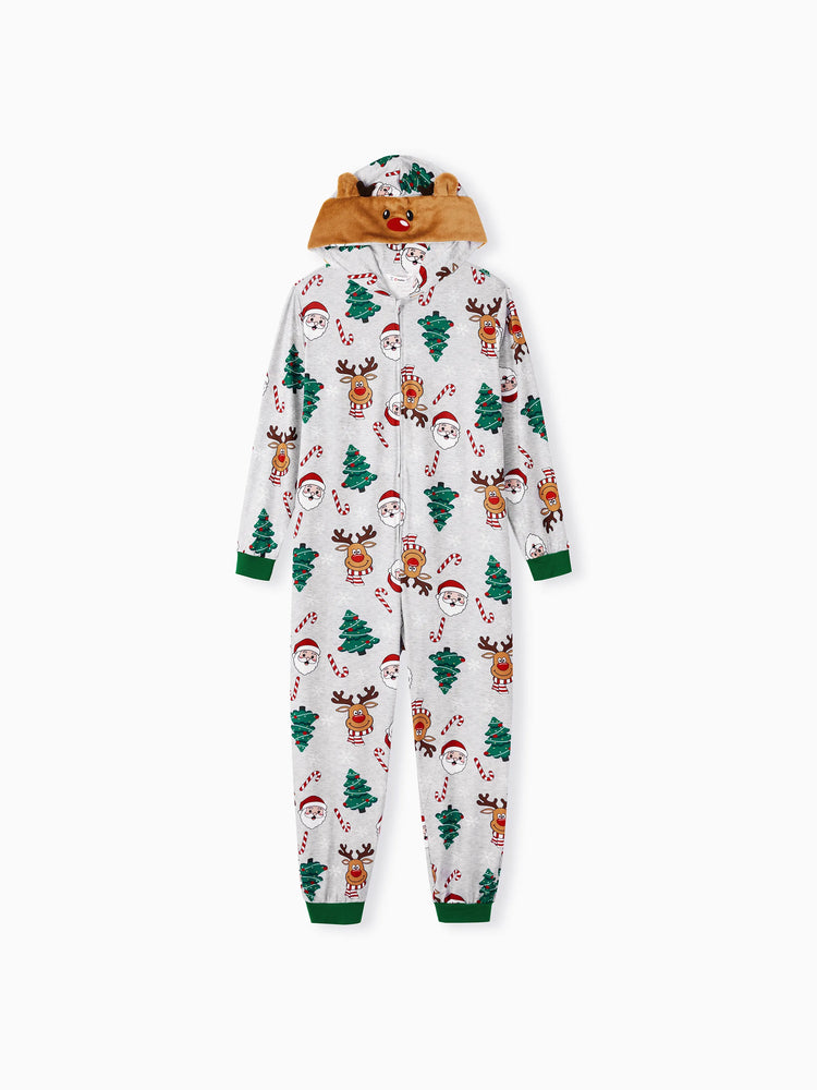 Grey Christmas Pajamas 3D Reindeer Pattern Zipper Onesies Matching Family Outfits Light Grey