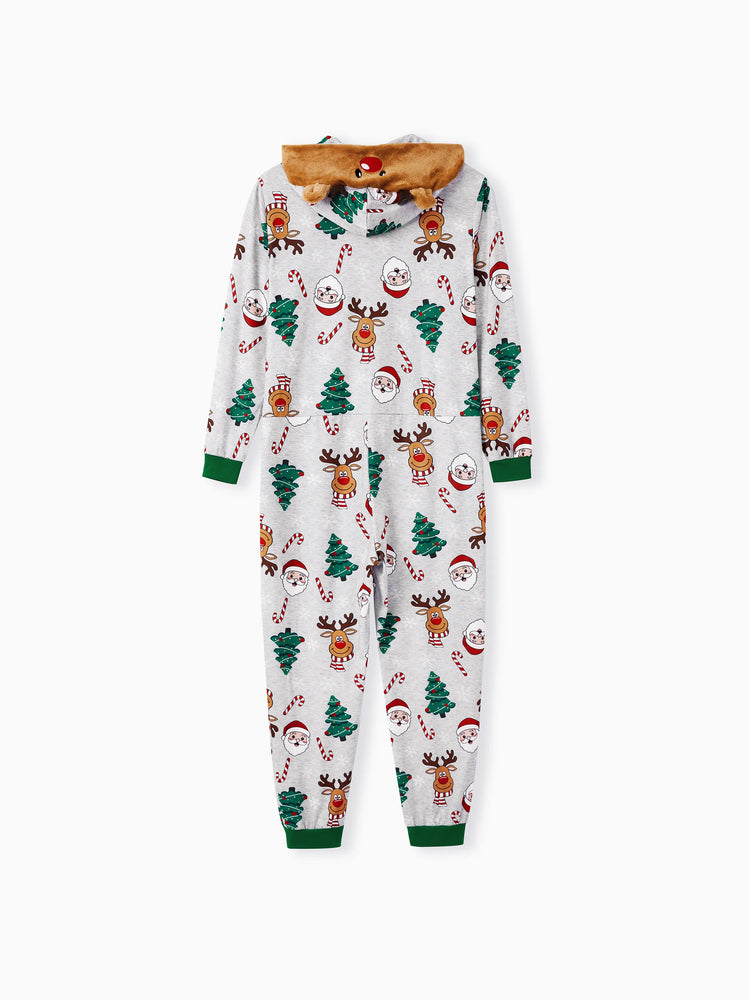 Grey Christmas Pajamas 3D Reindeer Pattern Zipper Onesies Matching Family Outfits Light Grey