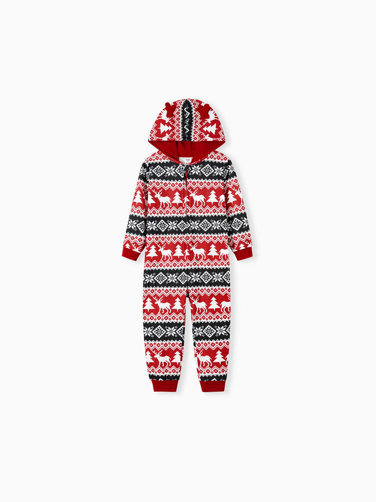 Christmas Matching Family Pajamas Set 3D Reindeer Hooded Allover Snowflake Print Onesie PJS with Christmas Socks red/black