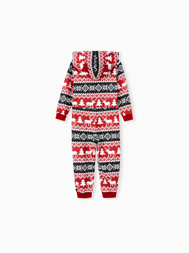 Christmas Matching Family Pajamas Set 3D Reindeer Hooded Allover Snowflake Print Onesie PJS with Christmas Socks red/black