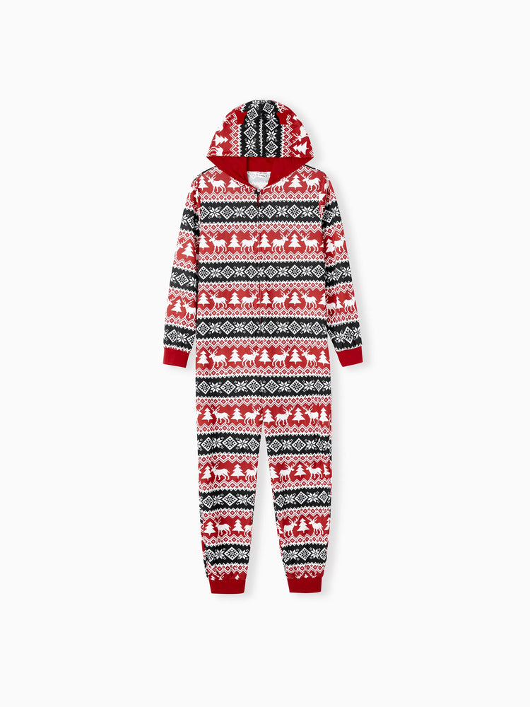 Christmas Matching Family Pajamas Set 3D Reindeer Hooded Allover Snowflake Print Onesie PJS with Christmas Socks red/black