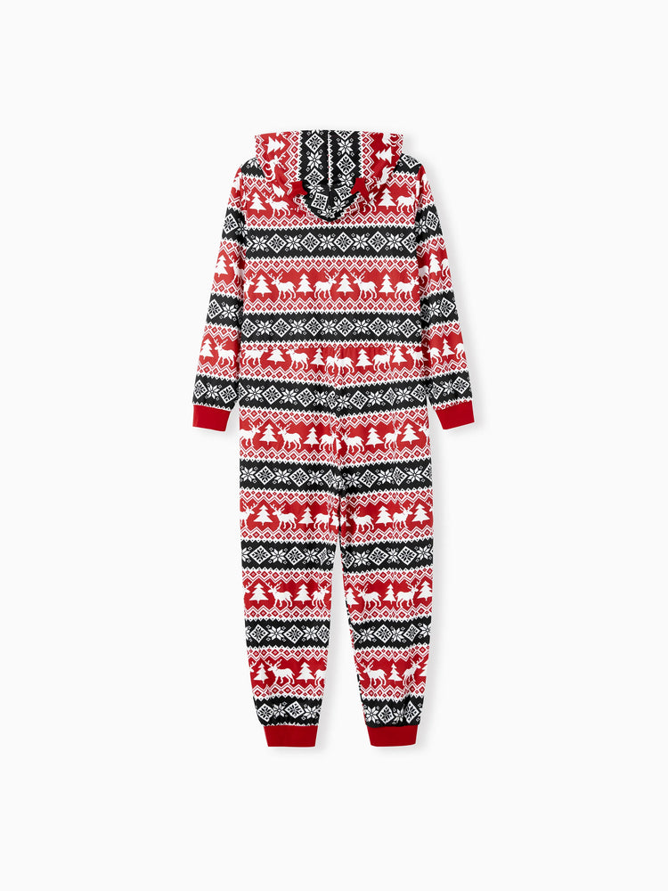 Christmas Matching Family Pajamas Set 3D Reindeer Hooded Allover Snowflake Print Onesie PJS with Christmas Socks red/black
