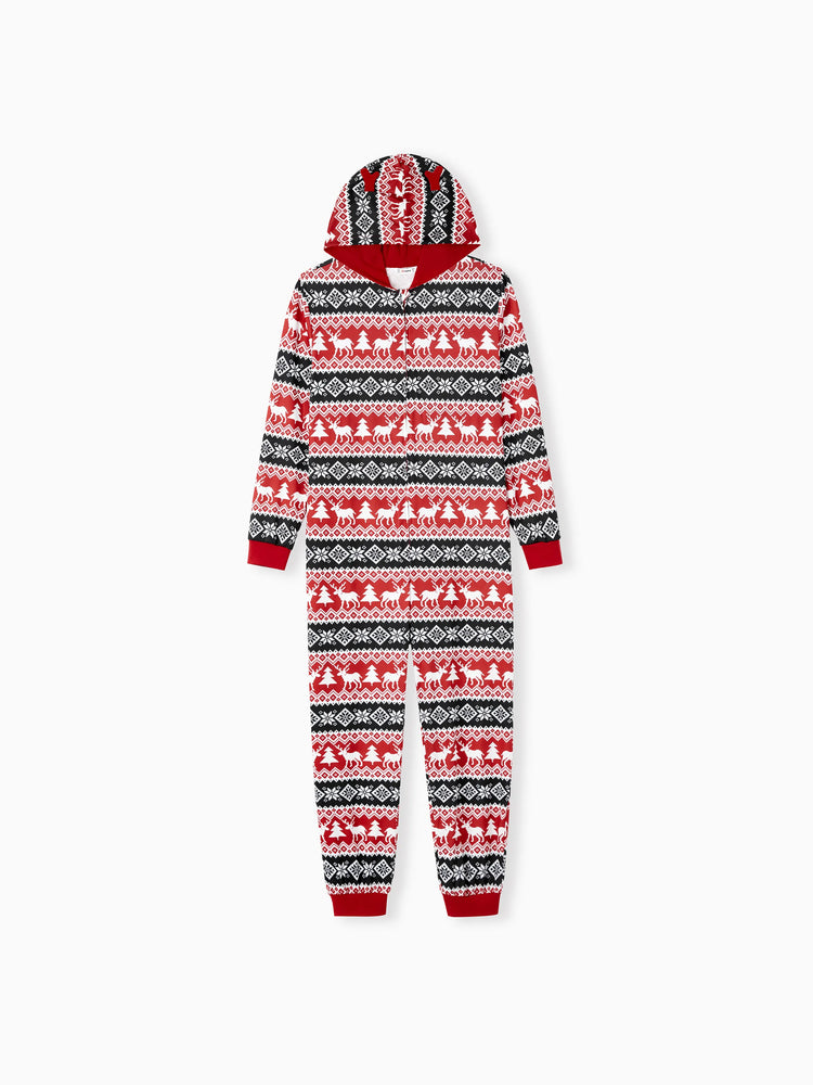 Christmas Matching Family Pajamas Set 3D Reindeer Hooded Allover Snowflake Print Onesie PJS with Christmas Socks red/black