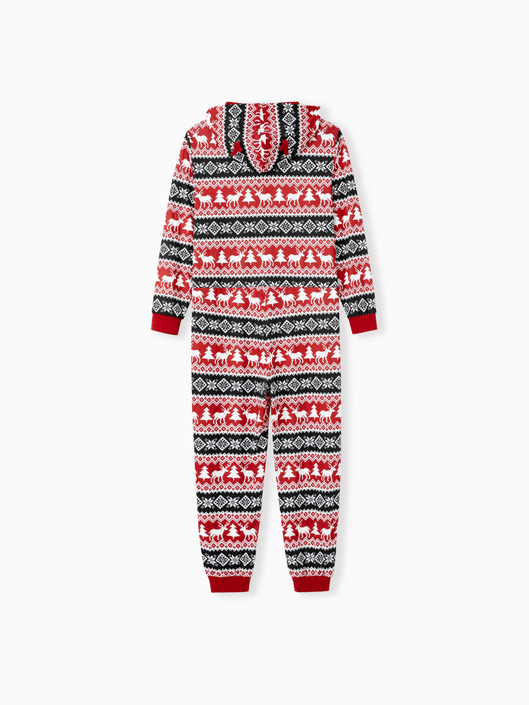Christmas Matching Family Pajamas Set 3D Reindeer Hooded Allover Snowflake Print Onesie PJS with Christmas Socks red/black