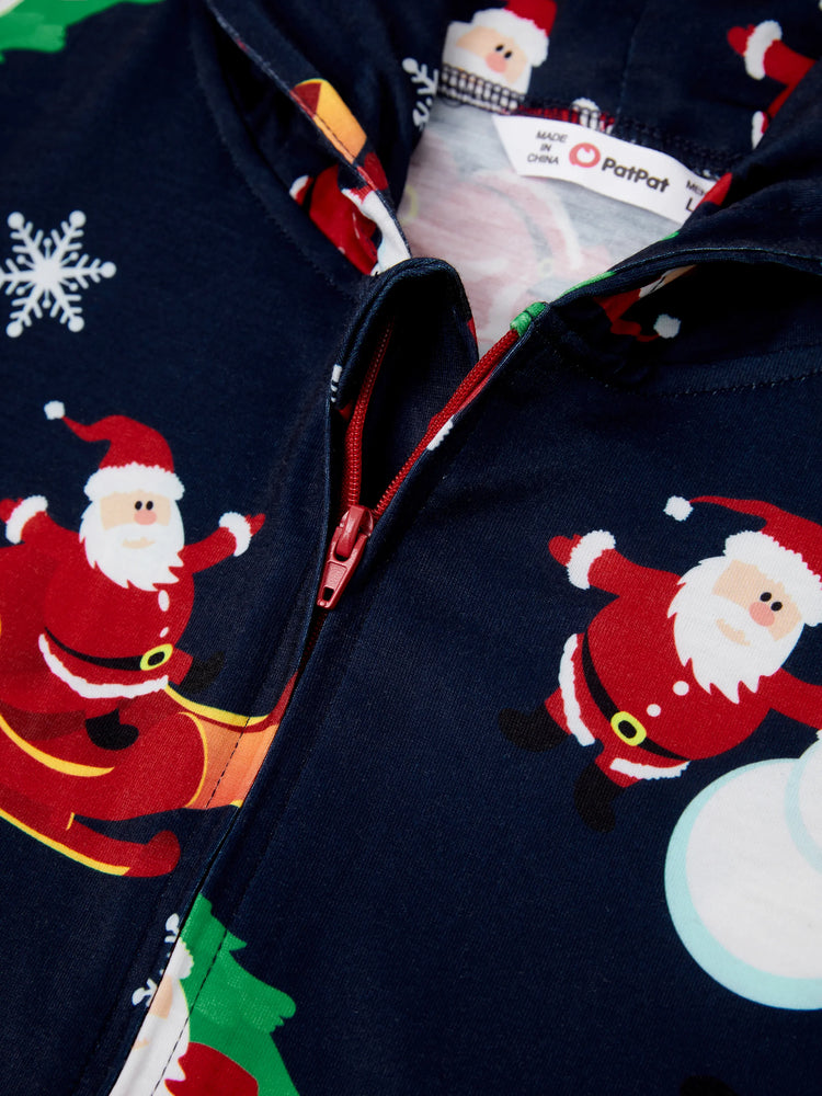 Green Christmas Family Pajamas Sets 3D Reindeer Hooded Santa Allover Print Onesies Pajamas blueblack