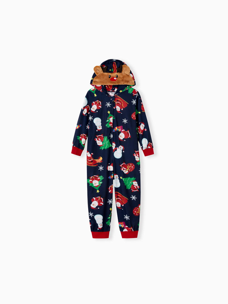 Green Christmas Family Pajamas Sets 3D Reindeer Hooded Santa Allover Print Onesies Pajamas blueblack