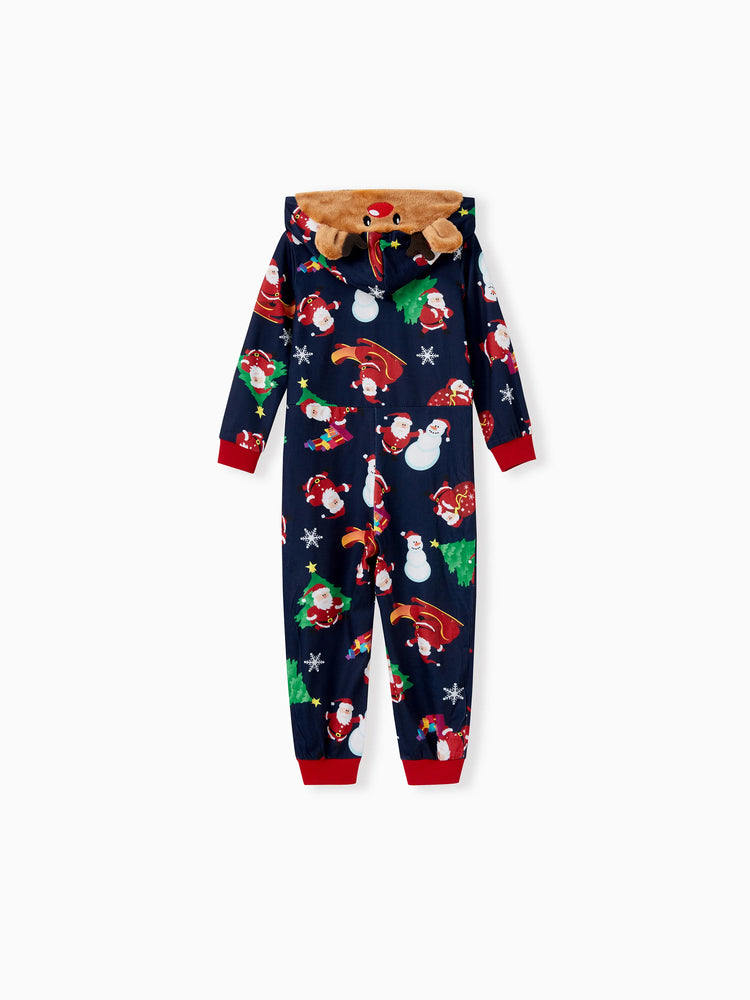 Green Christmas Family Pajamas Sets 3D Reindeer Hooded Santa Allover Print Onesies Pajamas blueblack