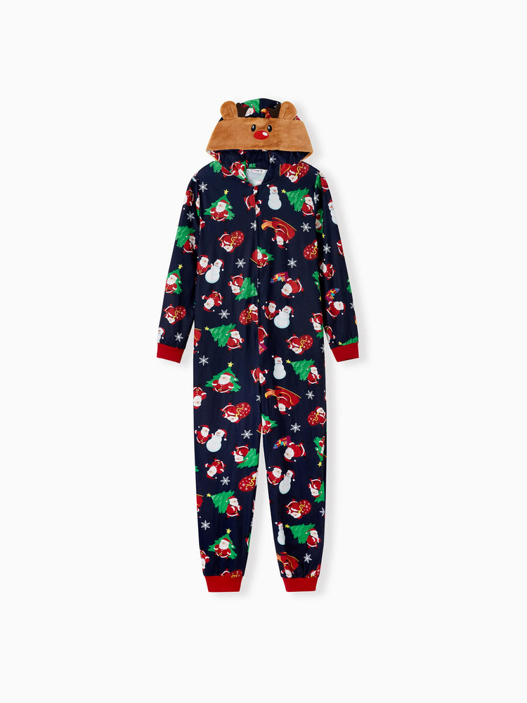 Green Christmas Family Pajamas Sets 3D Reindeer Hooded Santa Allover Print Onesies Pajamas blueblack