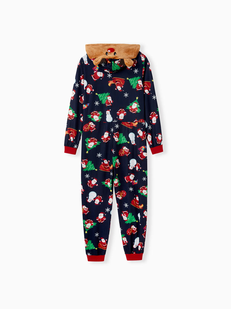 Green Christmas Family Pajamas Sets 3D Reindeer Hooded Santa Allover Print Onesies Pajamas blueblack