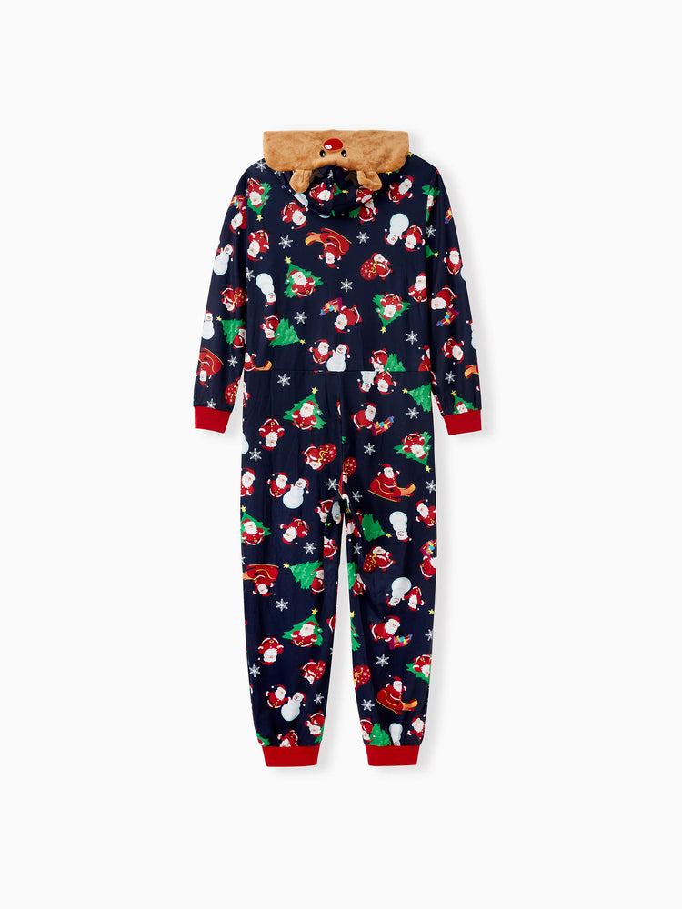 Green Christmas Family Pajamas Sets 3D Reindeer Hooded Santa Allover Print Onesies Pajamas blueblack