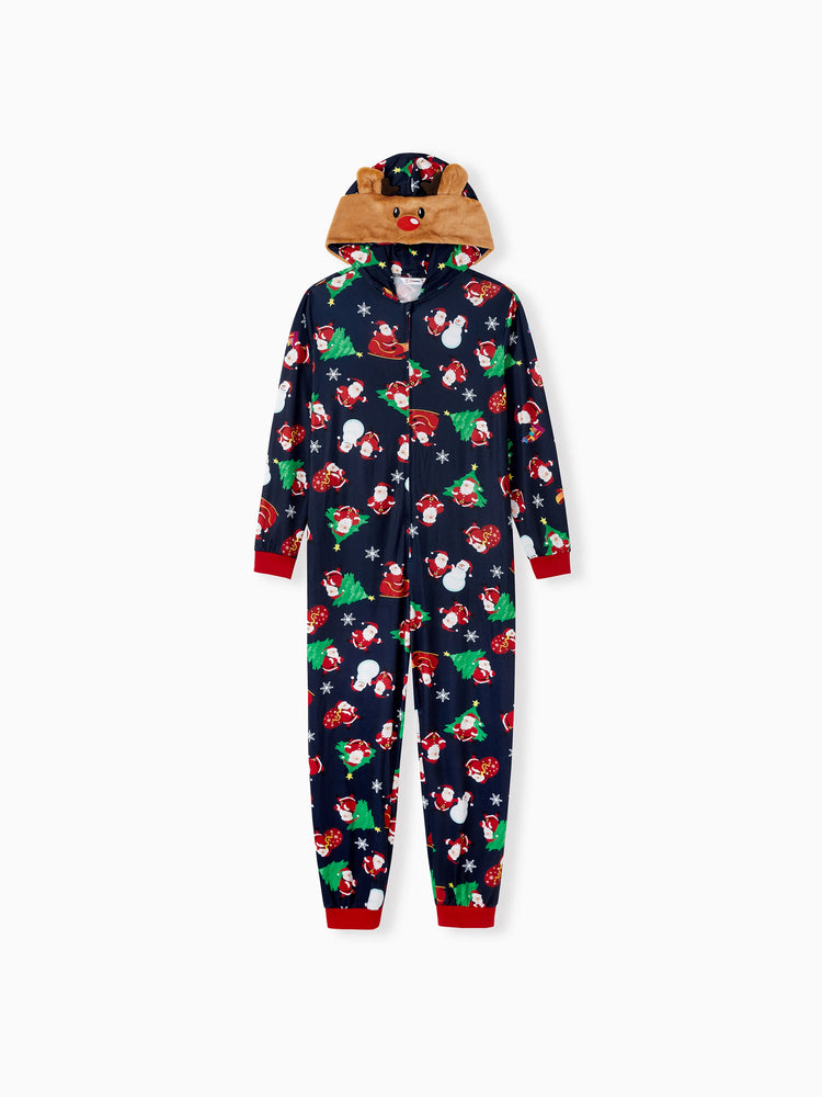 Green Christmas Family Pajamas Sets 3D Reindeer Hooded Santa Allover Print Onesies Pajamas blueblack