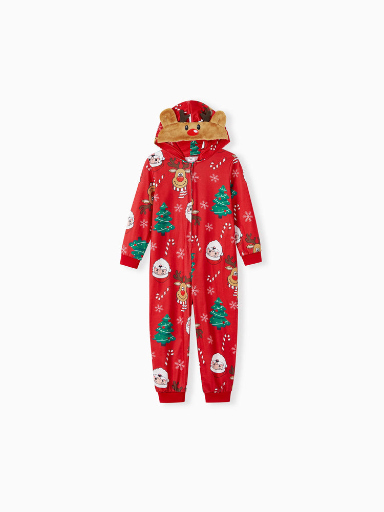 Christmas Family Pajamas Sets 3D Reindeer Hooded Allover Print Onesies Pajamas Red-2