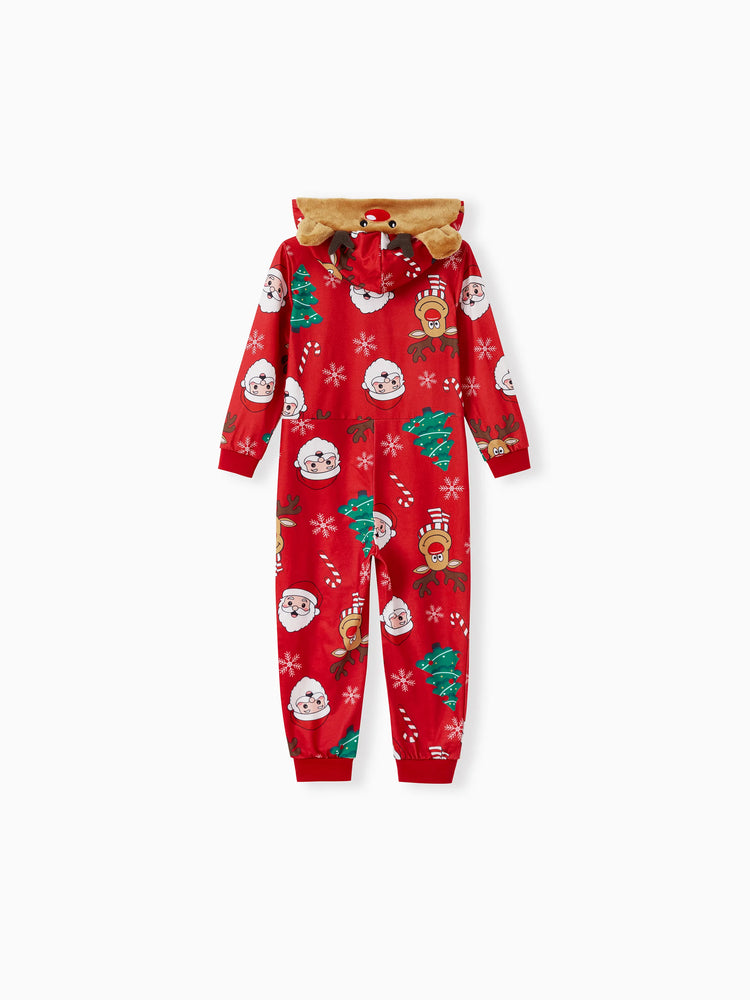Christmas Family Pajamas Sets 3D Reindeer Hooded Allover Print Onesies Pajamas Red-2