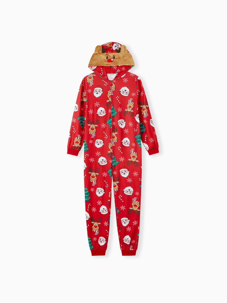 Christmas Family Pajamas Sets 3D Reindeer Hooded Allover Print Onesies Pajamas Red-2