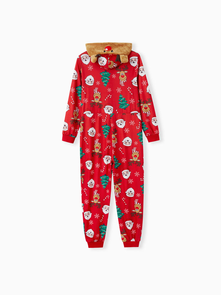 Christmas Family Pajamas Sets 3D Reindeer Hooded Allover Print Onesies Pajamas Red-2