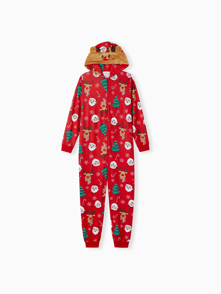 Christmas Family Pajamas Sets 3D Reindeer Hooded Allover Print Onesies Pajamas Red-2