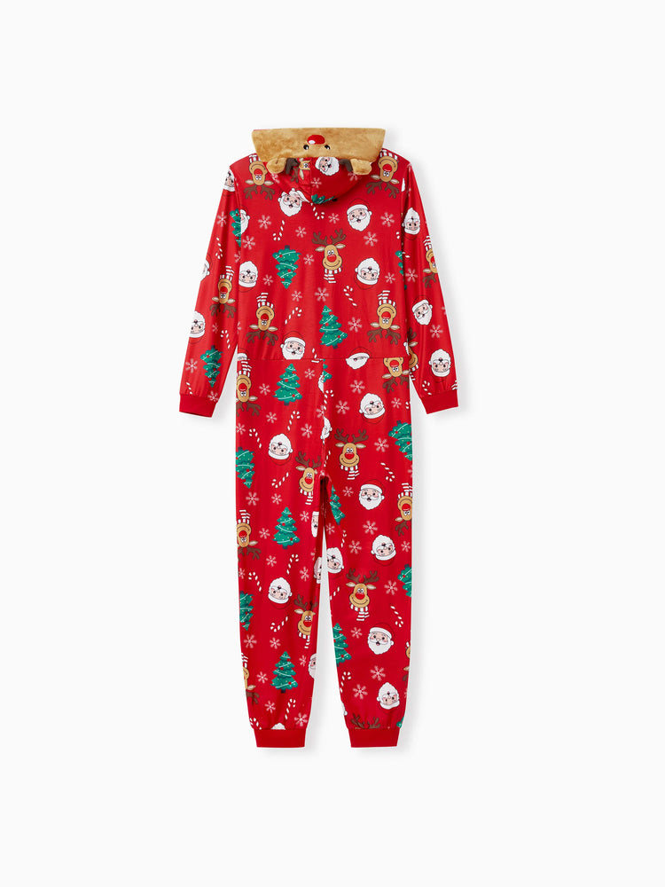 Christmas Family Pajamas Sets 3D Reindeer Hooded Allover Print Onesies Pajamas Red-2