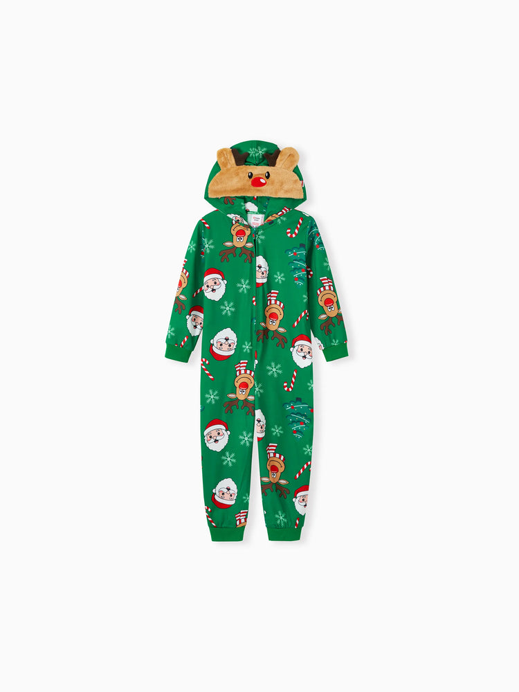 Green Christmas Family Pajamas Sets 3D Reindeer Hooded Allover Print Onesies Green
