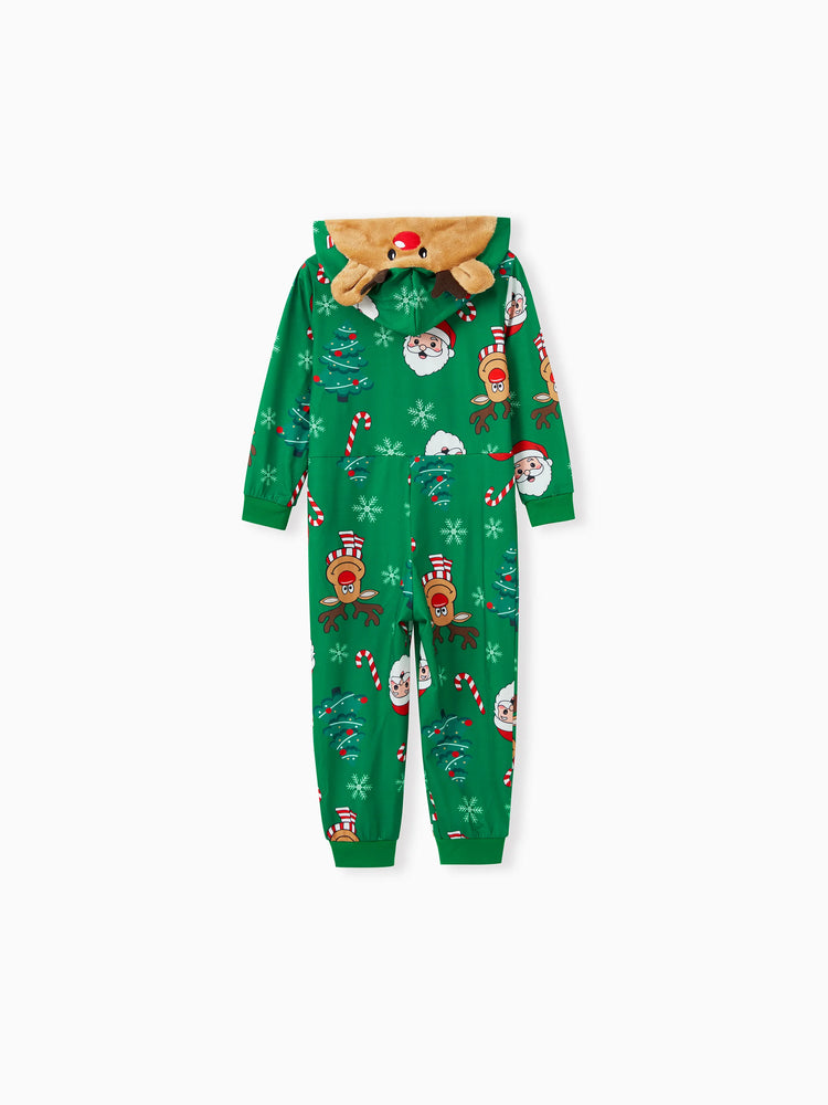 Green Christmas Family Pajamas Sets 3D Reindeer Hooded Allover Print Onesies Green