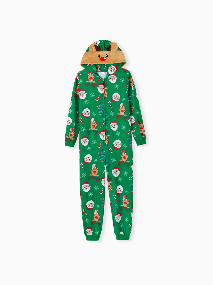 Green Christmas Family Pajamas Sets 3D Reindeer Hooded Allover Print Onesies Green