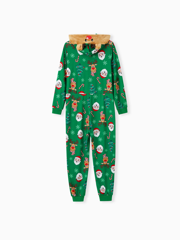 Green Christmas Family Pajamas Sets 3D Reindeer Hooded Allover Print Onesies Green