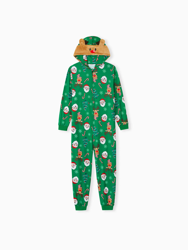Green Christmas Family Pajamas Sets 3D Reindeer Hooded Allover Print Onesies Green