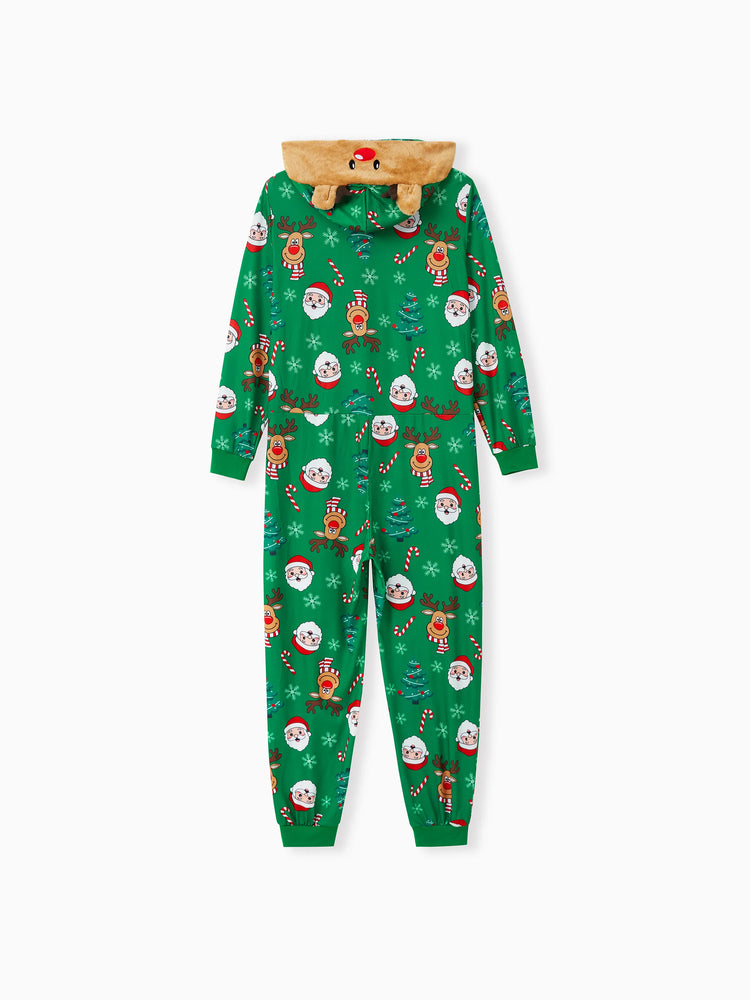 Green Christmas Family Pajamas Sets 3D Reindeer Hooded Allover Print Onesies Green