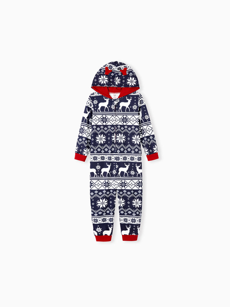 Christmas Matching Family Pajamas Set 3D Reindeer Hooded Allover Snowflake and Reindeer Print Dark Blue Onesie PJS with Christmas Socks blueblack