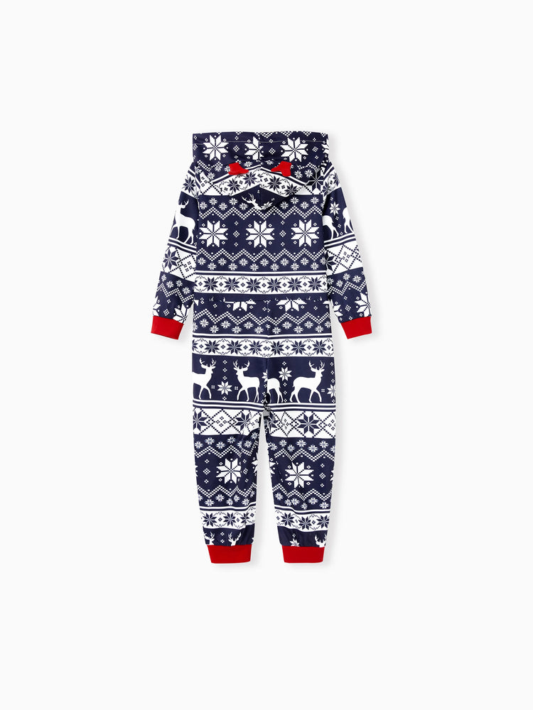 Christmas Matching Family Pajamas Set 3D Reindeer Hooded Allover Snowflake and Reindeer Print Dark Blue Onesie PJS with Christmas Socks blueblack