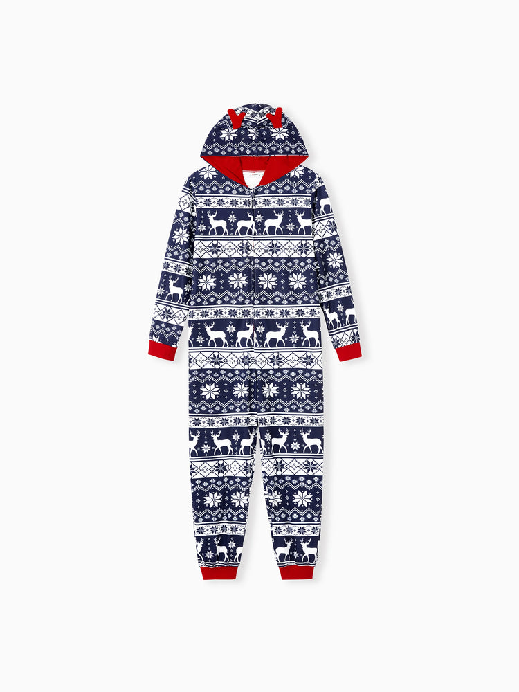 Christmas Matching Family Pajamas Set 3D Reindeer Hooded Allover Snowflake and Reindeer Print Dark Blue Onesie PJS with Christmas Socks blueblack