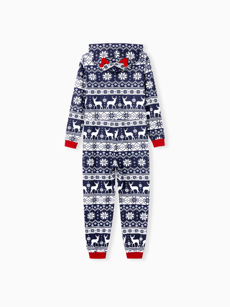 Christmas Matching Family Pajamas Set 3D Reindeer Hooded Allover Snowflake and Reindeer Print Dark Blue Onesie PJS with Christmas Socks blueblack