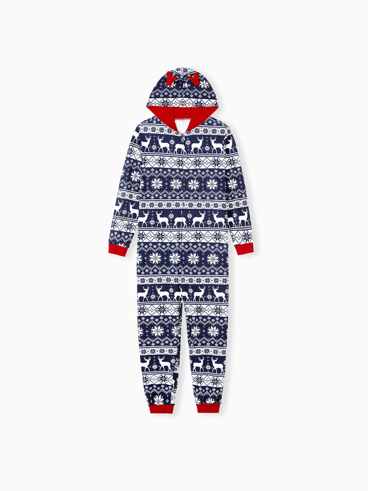 Christmas Matching Family Pajamas Set 3D Reindeer Hooded Allover Snowflake and Reindeer Print Dark Blue Onesie PJS with Christmas Socks blueblack