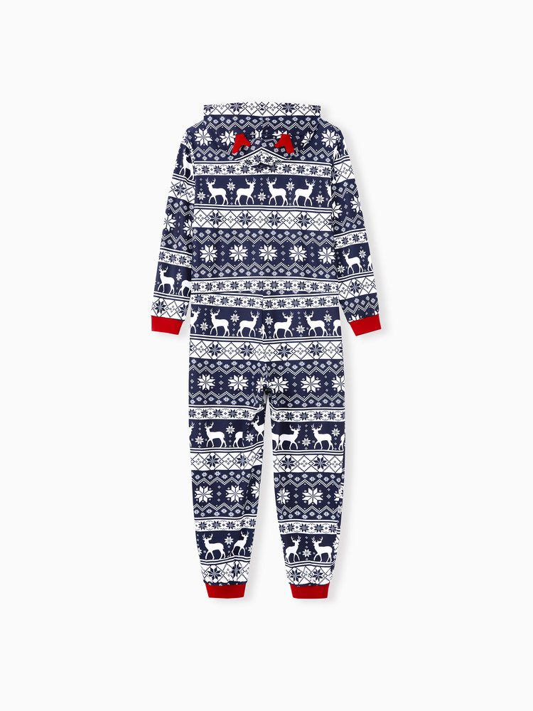 Christmas Matching Family Pajamas Set 3D Reindeer Hooded Allover Snowflake and Reindeer Print Dark Blue Onesie PJS with Christmas Socks blueblack