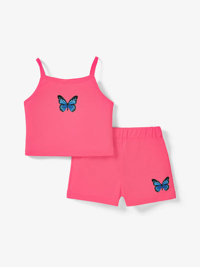 Conjunto de 2 piezas de camisola y pantalones cortos con estampado de mariposas para niña pequeña Roseo