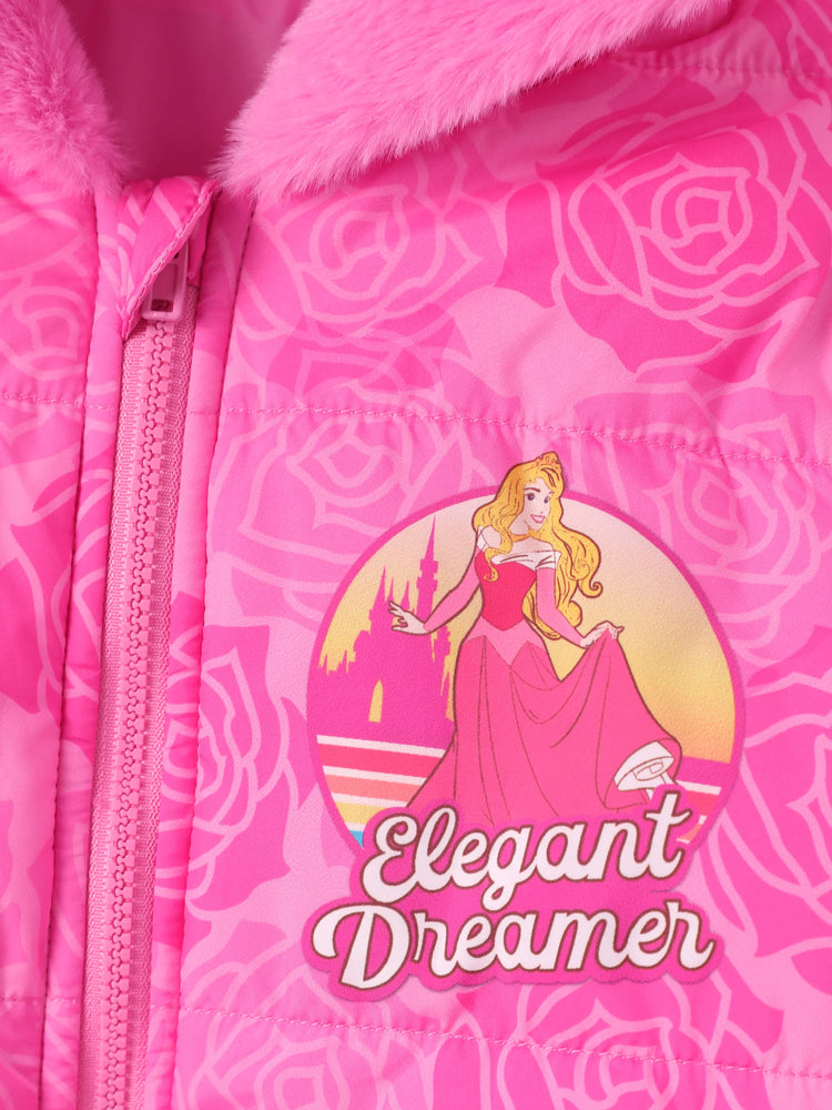 Chaqueta acolchada con capucha y borde de felpa Aurora para niña pequeña de Disney Princess, 1 pieza, Roseo