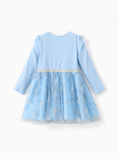 Vestido de tul azul con mangas farol de Disney Frozen para niña pequeña, 1 pieza, Naia? Elsa, estampado de copos de nieve