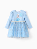 Robe en tulle à manches lanternes et motif flocons de neige Elsa de Disney La Reine des Neiges pour petite fille, 1 pièce, bleu