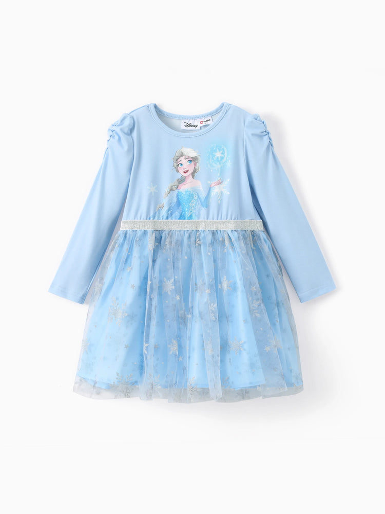 Robe en tulle à manches lanternes et motif flocons de neige Elsa de Disney La Reine des Neiges pour petite fille, 1 pièce, bleu