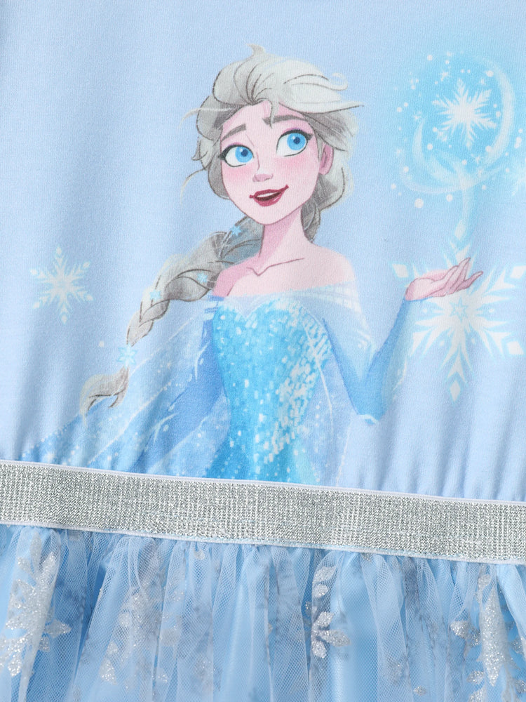 Robe en tulle à manches lanternes et motif flocons de neige Elsa de Disney La Reine des Neiges pour petite fille, 1 pièce, bleu