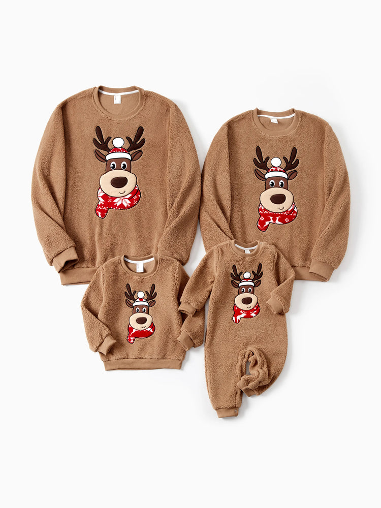 Brown Reindeer Sweatshirts Fluffy Sherpa Fleece Long Sleeves Tops Brown