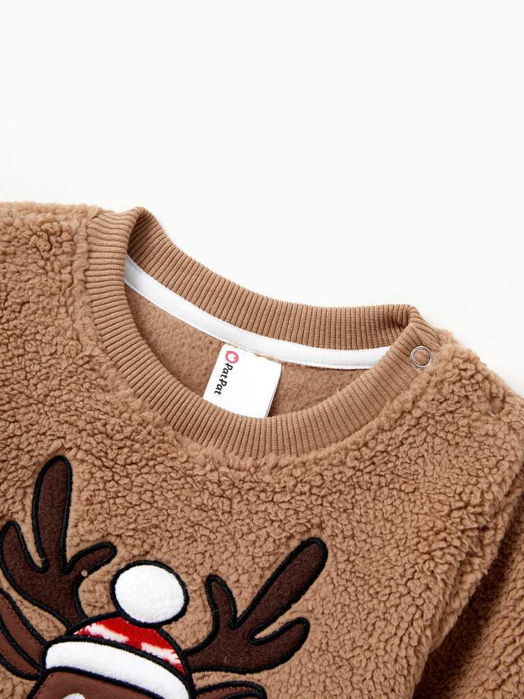 Brown Reindeer Sweatshirts Fluffy Sherpa Fleece Long Sleeves Tops Brown
