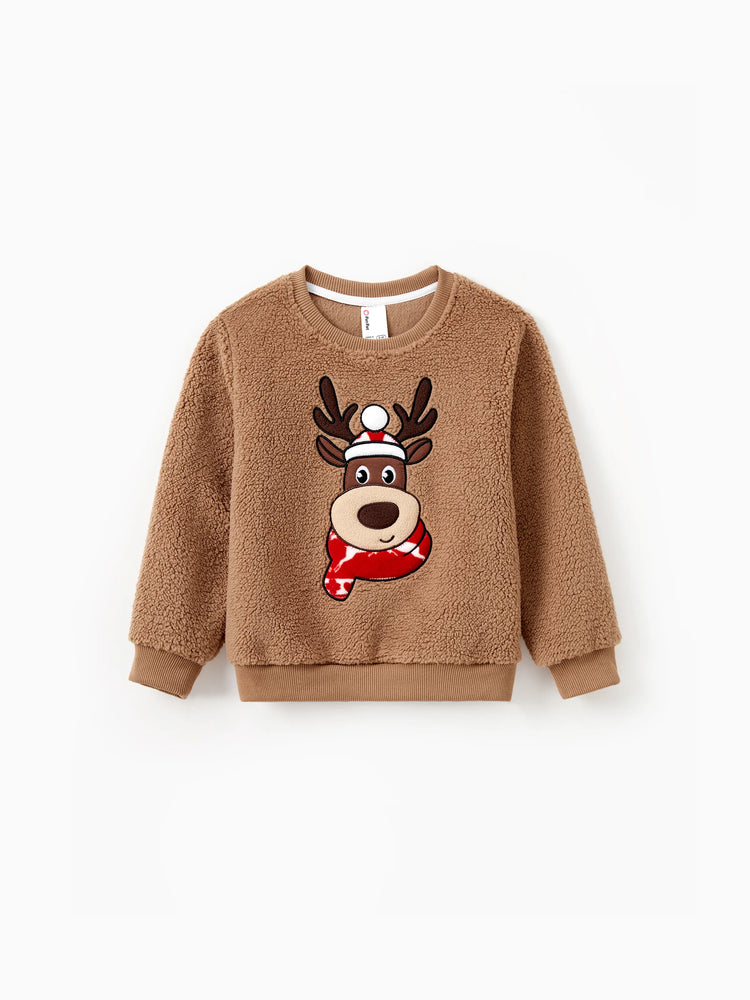 Brown Reindeer Sweatshirts Fluffy Sherpa Fleece Long Sleeves Tops Brown