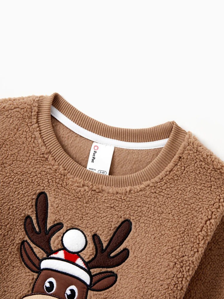 Brown Reindeer Sweatshirts Fluffy Sherpa Fleece Long Sleeves Tops Brown