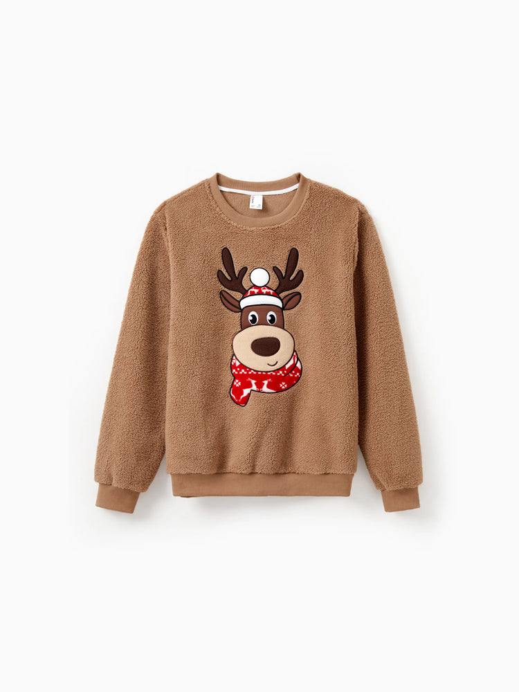 Brown Reindeer Sweatshirts Fluffy Sherpa Fleece Long Sleeves Tops Brown