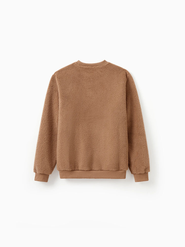 Brown Reindeer Sweatshirts Fluffy Sherpa Fleece Long Sleeves Tops Brown