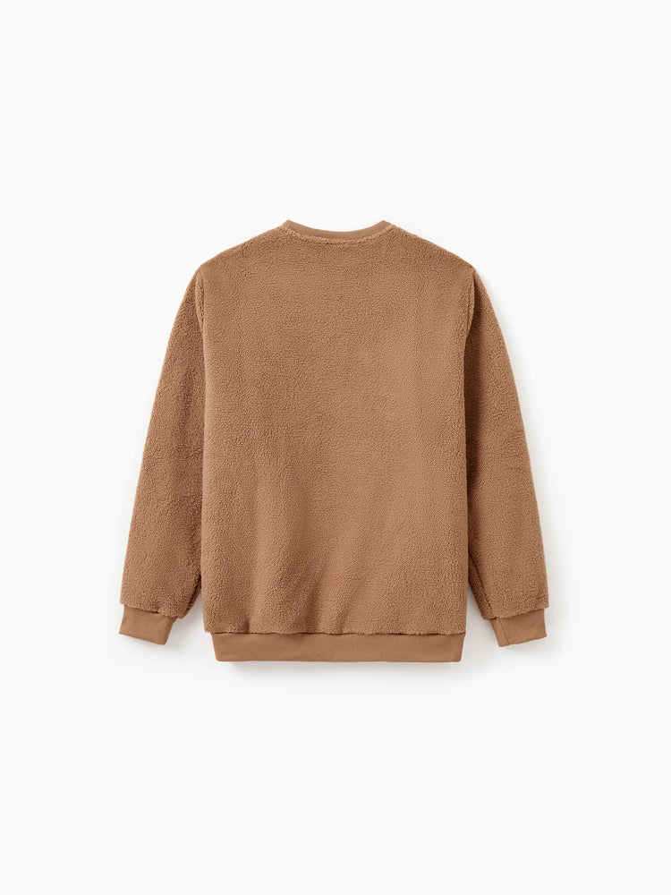 Brown Reindeer Sweatshirts Fluffy Sherpa Fleece Long Sleeves Tops Brown