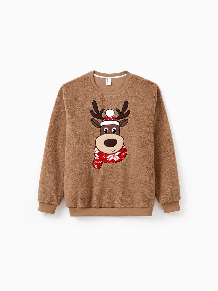Brown Reindeer Sweatshirts Fluffy Sherpa Fleece Long Sleeves Tops Brown
