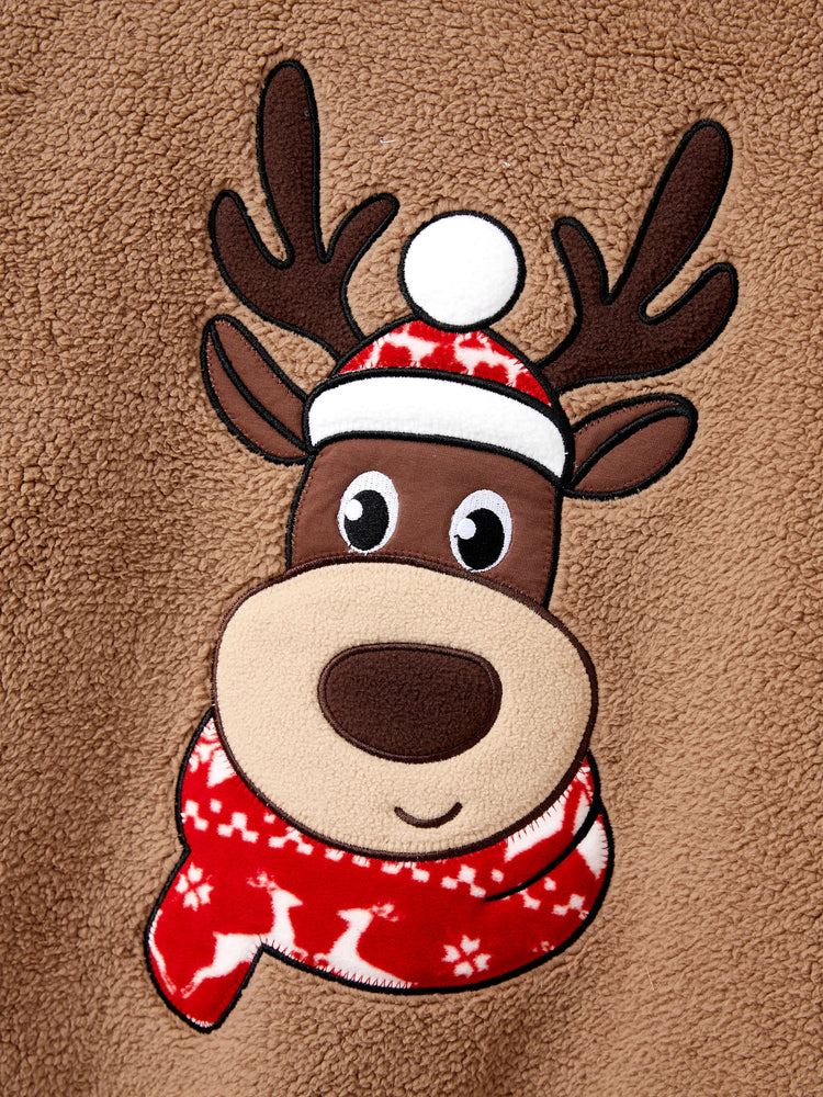 Brown Reindeer Sweatshirts Fluffy Sherpa Fleece Long Sleeves Tops Brown